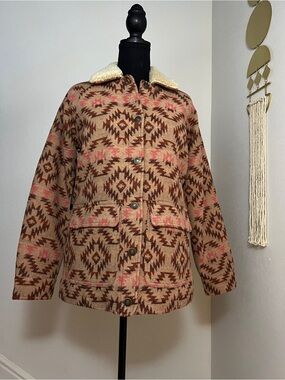 Shyanne Southwestern Sherpa Jacket - Beige/Pink/Burgundy, XS